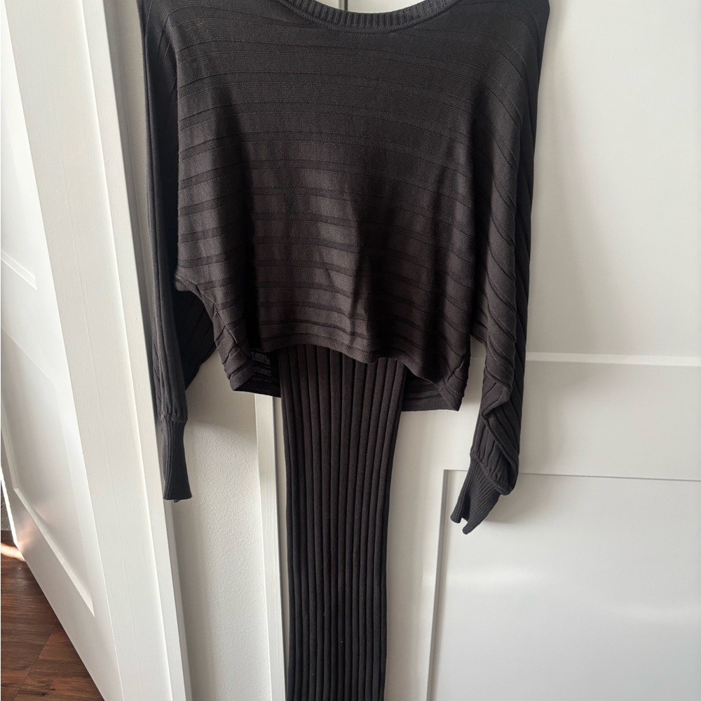 Grey Ribbed Knit Sweater and Skirt Set